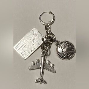 TRAVEL CHARM SILVER TONE DANGLE EARRINGS, AIRPLANE, GLOBE, PASSPORT